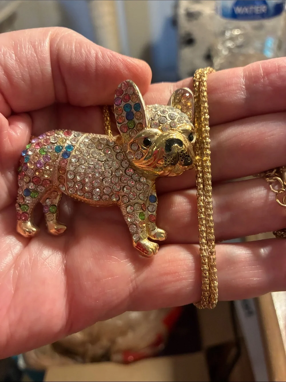Gold-tone Crystal French Bulldog Pendant Necklace - Multicolor Rhinestones